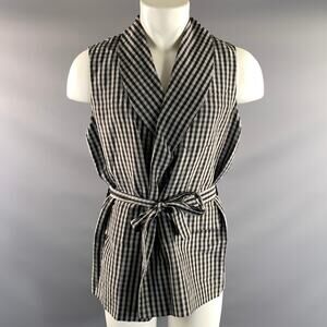 LA PERLA Size S Grey Black Checkered Linen Silk Shawl Collar Vest